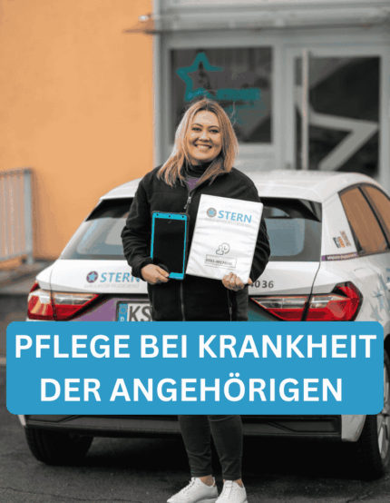 Pflegefachkraft vor Pflegedienst Auto in Kassel