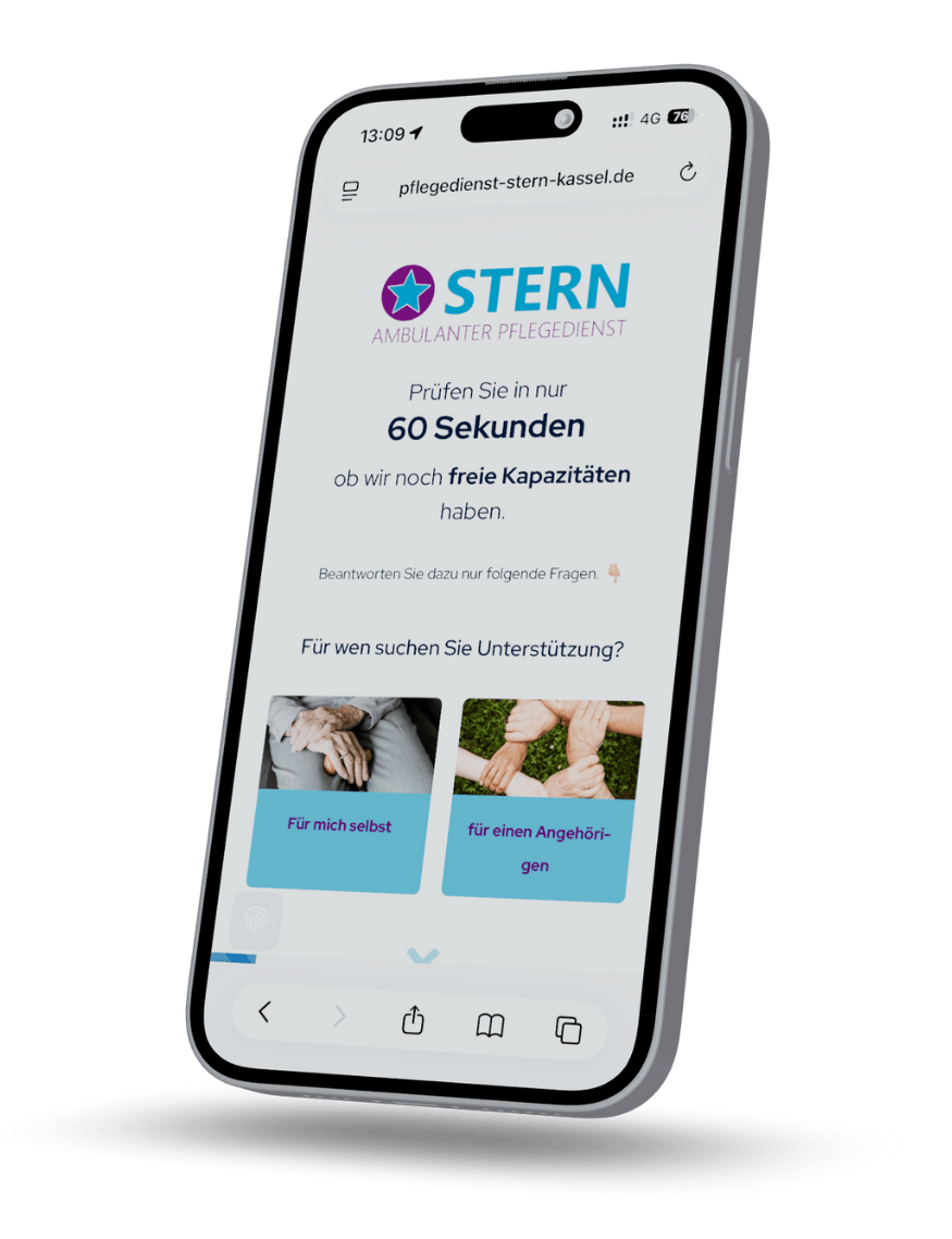 Handy mit Anfragenseite vom Pflegedienst Stern